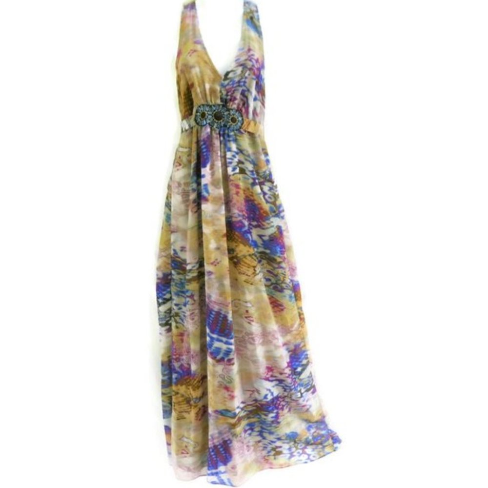 ECI maxi dress - pastels psychedelic print - Gem Jeweled waist - sleeveless 4